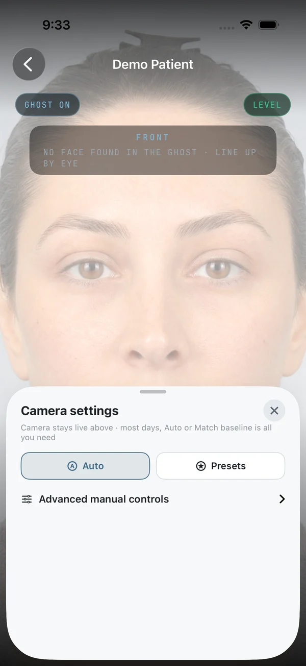 Camera settings sheet with Auto, Presets and Advanced manual controls