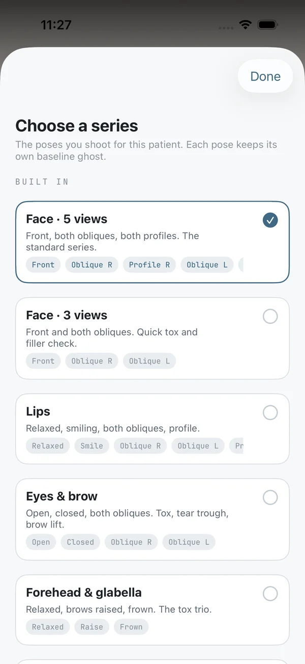 Choosing a series: Face 5 views, Face 3 views, Lips, Eyes and brow, Forehead